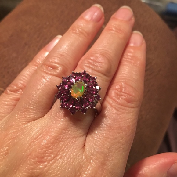 Genuine Opal & Garnet Halo Ring .925 Sterling Silver Natural Gemstones Sz 5 or 7 - Picture 9 of 16
